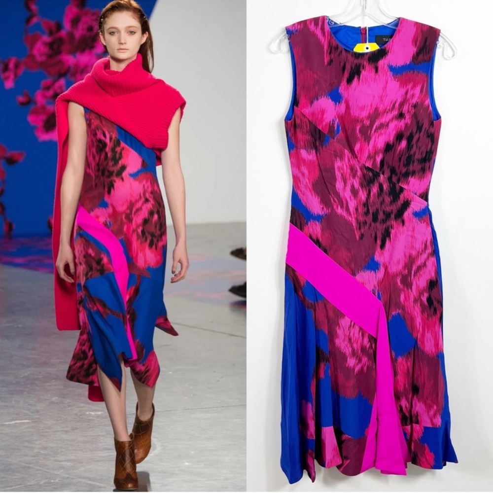 Thakoon Fuchsia and Cobalt Abstract Print Midi Dress